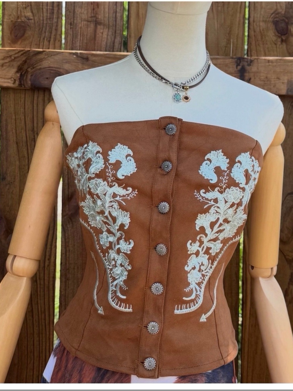 NWT Lucky & Blessed Camel Suede Floral Embroidered Corset Top